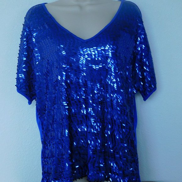 Dress Barn Top Large Petite Blue Sequined Sparkly Evening Blouse - Picture 5 of 15
